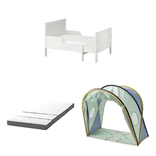 ELDFLUGA/HÄMPLING/SUNDVIK set: ext bed frame with slatted bed base + 3D mattress for extendable bed + bed tent, white + blue/green, 80x200 cm