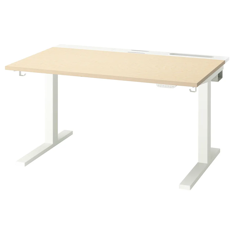 Mitttzon sit/stand desk, light wood top, white legs, electric height adjustment, cable management, dual motors.