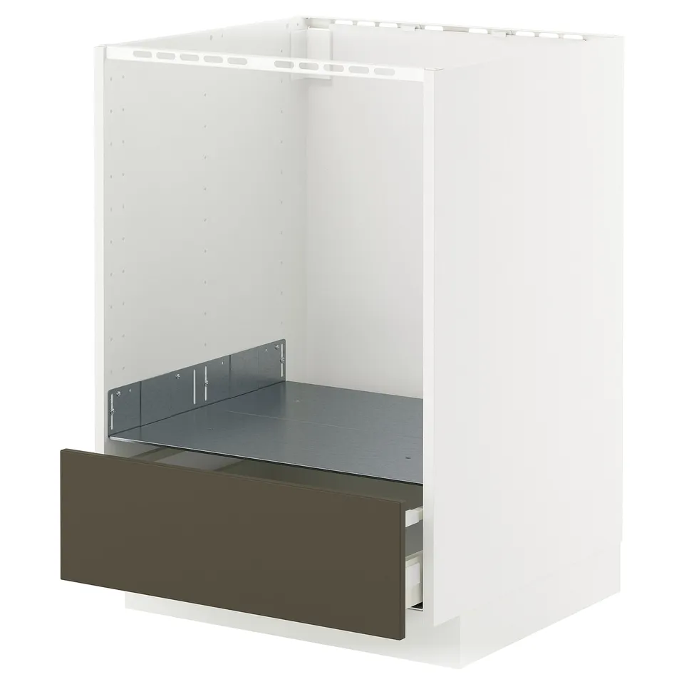 White ikea METOD kitchen cabinet with dark brown drawer.