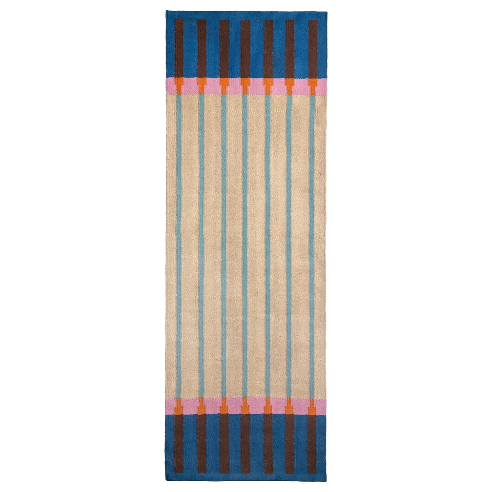 Blue striped jute and wool rug, handcrafted.