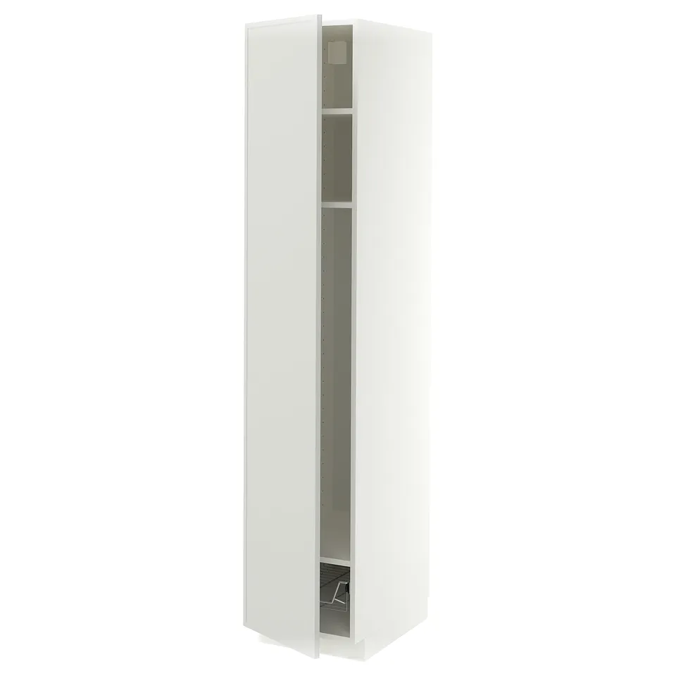 METOD High cabinet w shelves/wire basket, white/Aspudden light grey, 40x60x200 cm