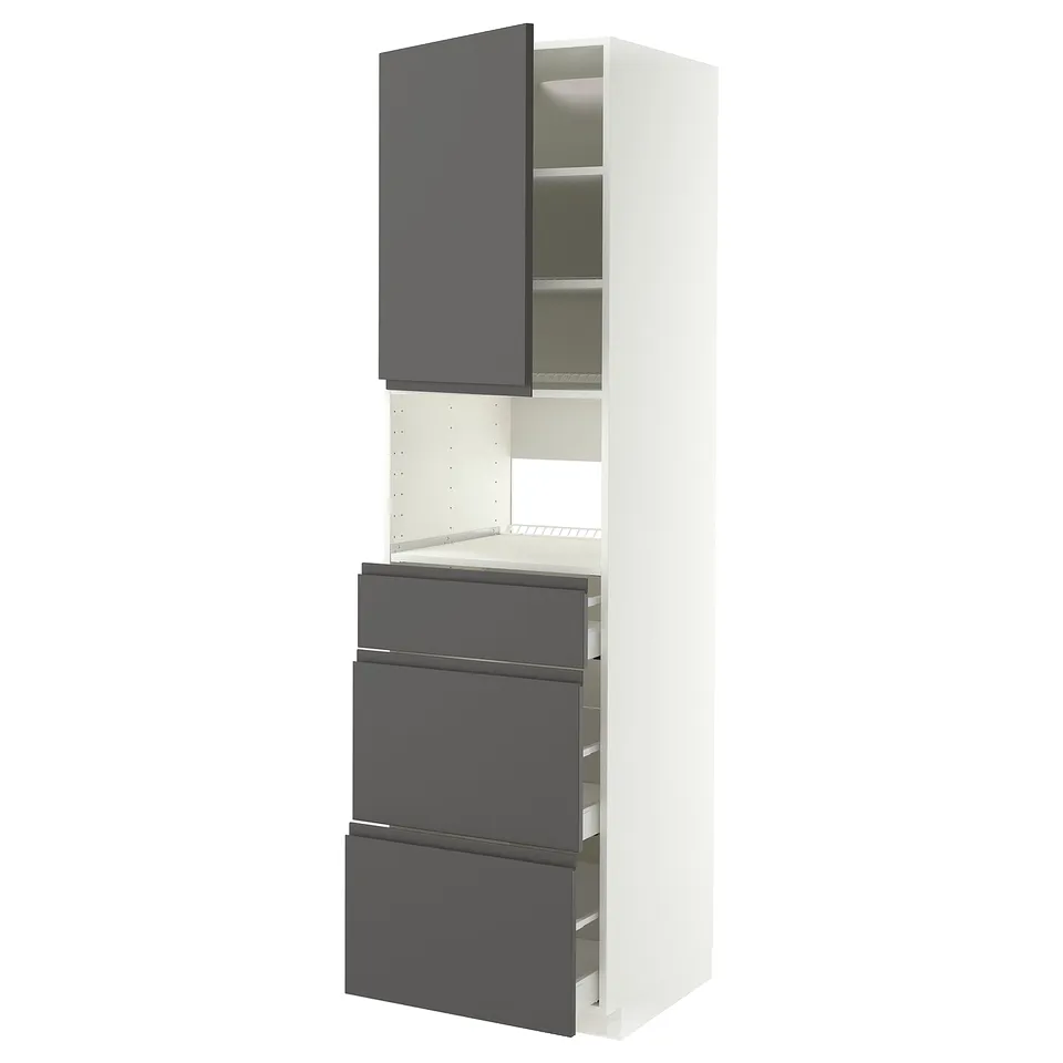 IKEA METOD kitchen unit in dark grey with three drawers and an open cabinet.