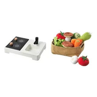DUKTIG/STENMUS set: mini-play kitchen + 14-piece vegetables set, white/black, Length 43 x Width 32 cm