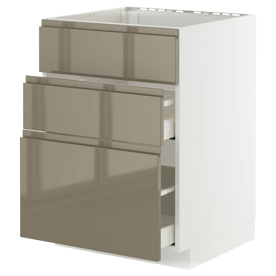 Modern white METOD kitchen unit with 3 high gloss dark grey-brown drawers, sleek design, stainless steel handles.