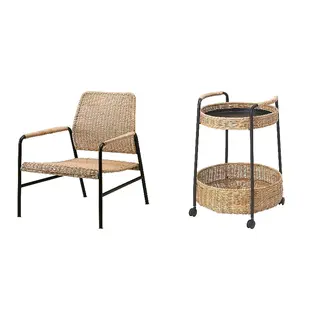 LUBBAN/ULRIKSBERG set: trolley table with storage + armchair, rattan/anthracite, Width 67 x Depth 74 x Height 76 cm