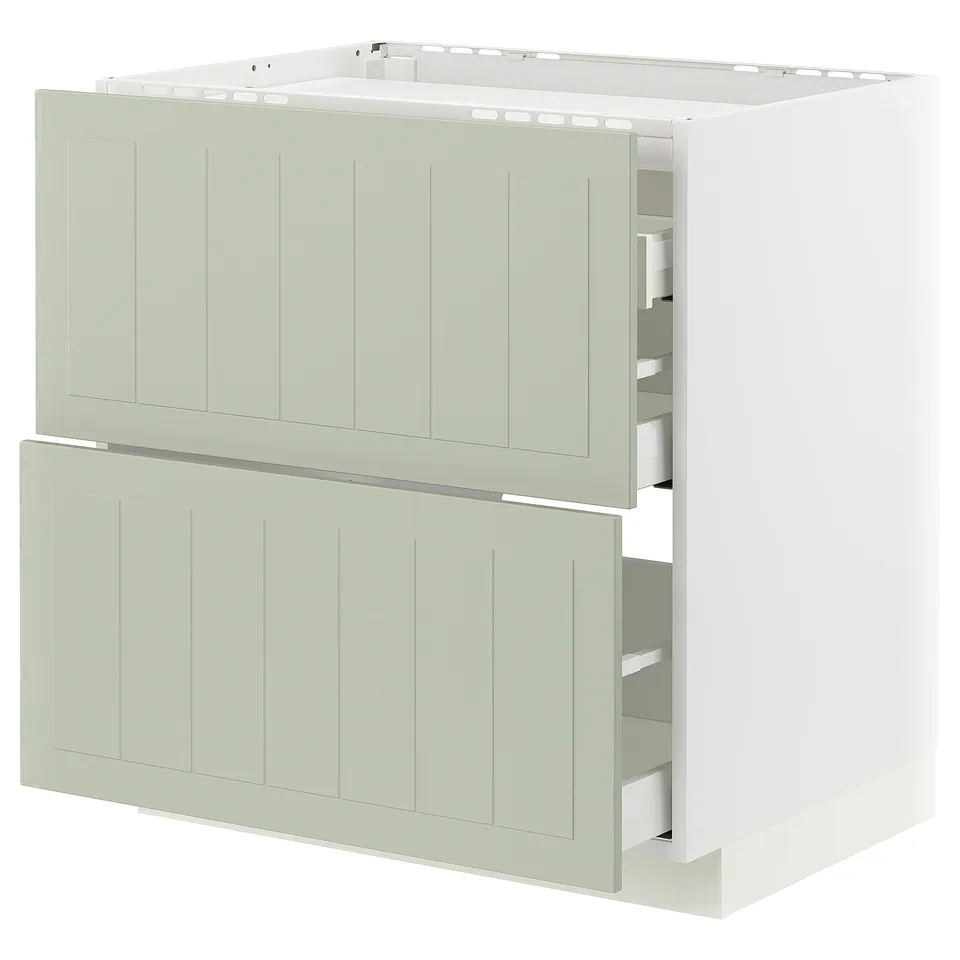 Green drawer METOD kitchen cabinet with white base and vertical grooves