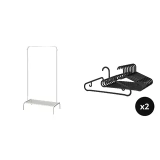 BRUKSVARA/SPRUTTIG set: clothes rack + hanger x2, white + black, Depth 43 x Height 147 x Width 78 cm