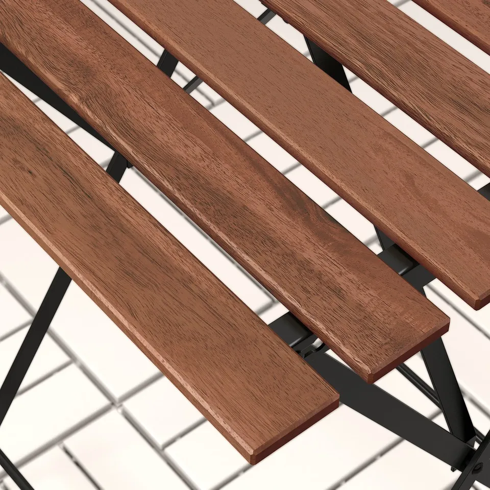 Sturdy outdoor bench with natural wood slats and metal supports, designed for comfort and durability.