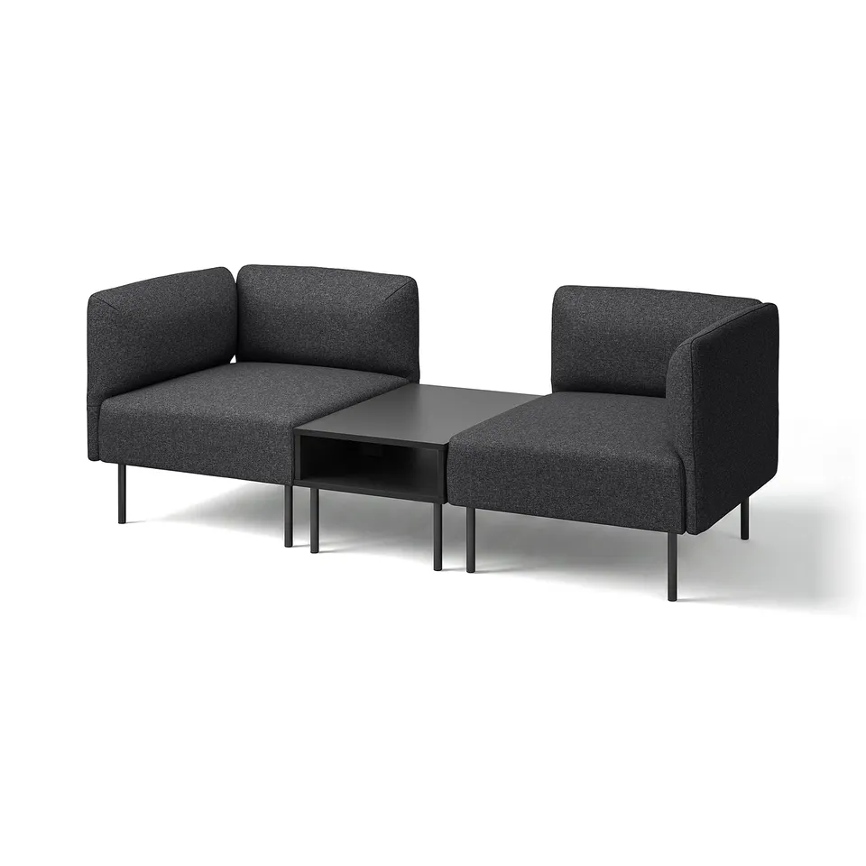 Modern grey modular sofa set with black coffee table. Sleek design, clean lines, and versatile arrangement.