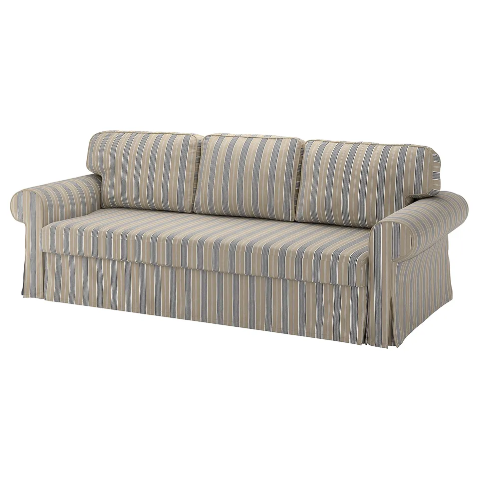 Grey & beige striped sofa with cotton-polyester fabric, rolled arms, skirted base.