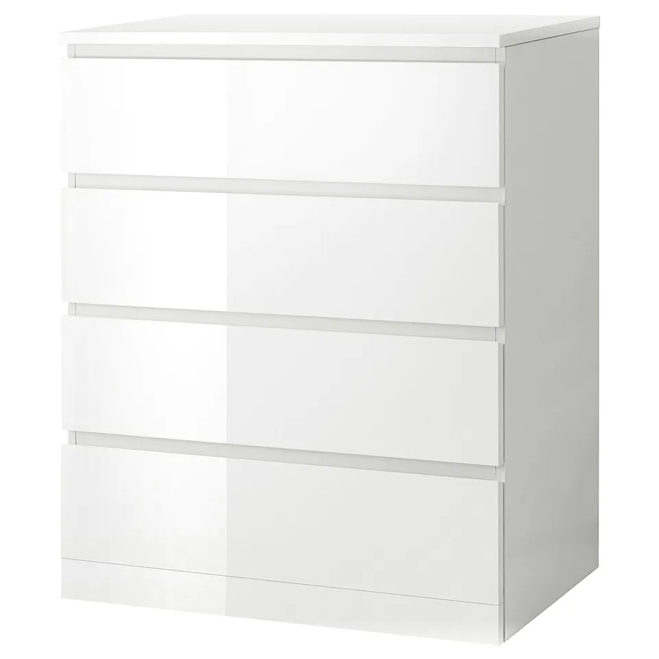 A white MALM chest of drawers with four drawers, smooth surfaces, and clean design.