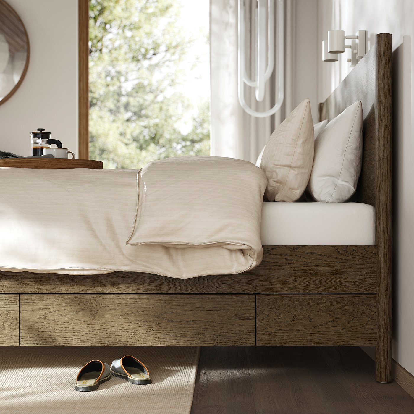 Bed with drawer storage. Soft-close feature visible. Neutral-colored bedding. Morning tray with coffee setup. Slippers below bed.