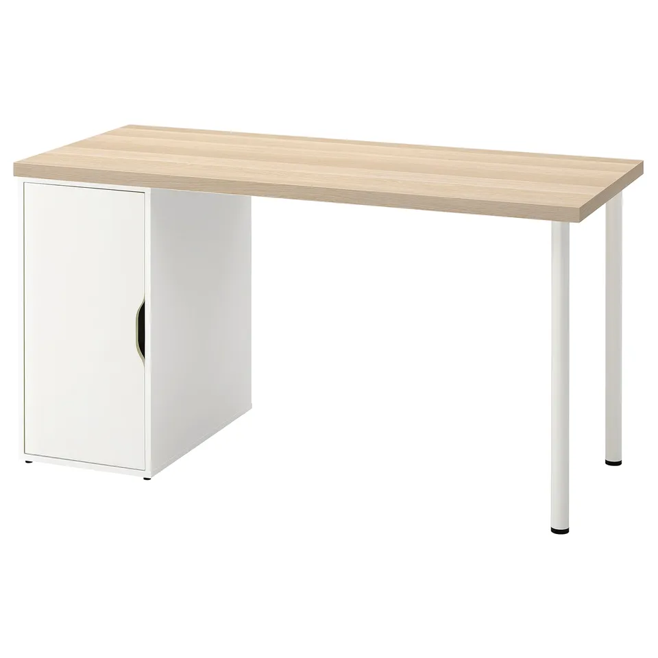 LAGKAPTEN desk: light wooden top, white storage unit, white legs, simple modern design.