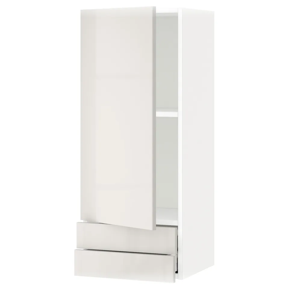 Modern white METOD cabinet with glass door, two drawers, and glossy finish for clean look.