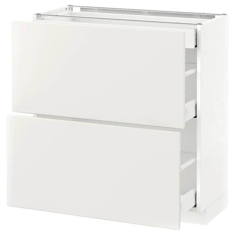 White modern kitchen cabinet with smooth, clean lines and multiple drawers.