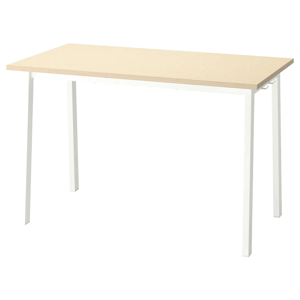 MITTZON rectangular wooden desk in white with light wood top.