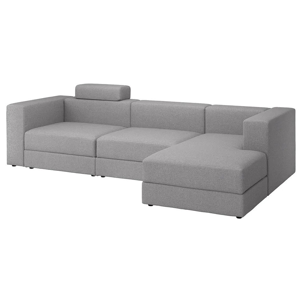 Modern grey l-shaped sofa, sleek design, medium firm cushions, and functional storage.