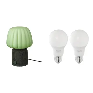 KULGLASS/SOLHETTA set: Bluetooth speaker lamp + LED bulb E27 806 lumen, dark green + dimmable/globe opal white, Height 387 mm