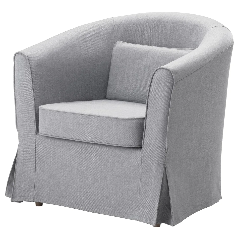 Light grey TULLSTA armchair with curved back, padded seat and armrests, modern and cosy design.