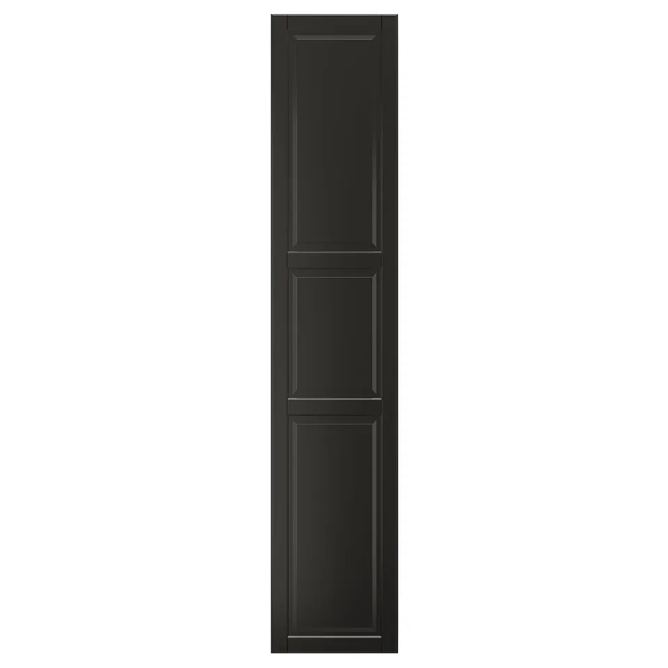 A black BODBYN closet door with a classic bevelled panel design, made from fiberboard for durability.