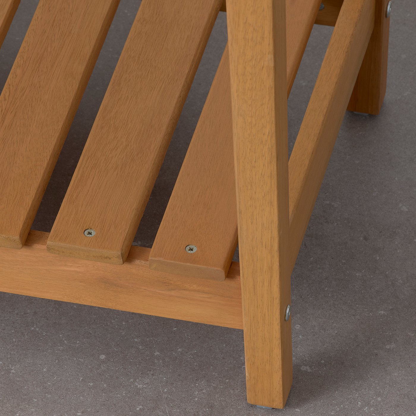 Wooden furniture, robust construction with clear screws, smooth finish, durable eucalyptus material.