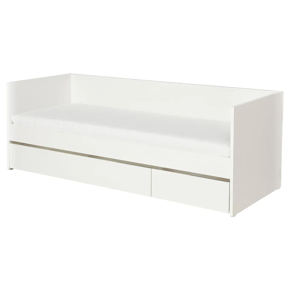 White VIHALS daybed, modern minimalist design, rectangular shape, includes storage, ideal for small spaces.