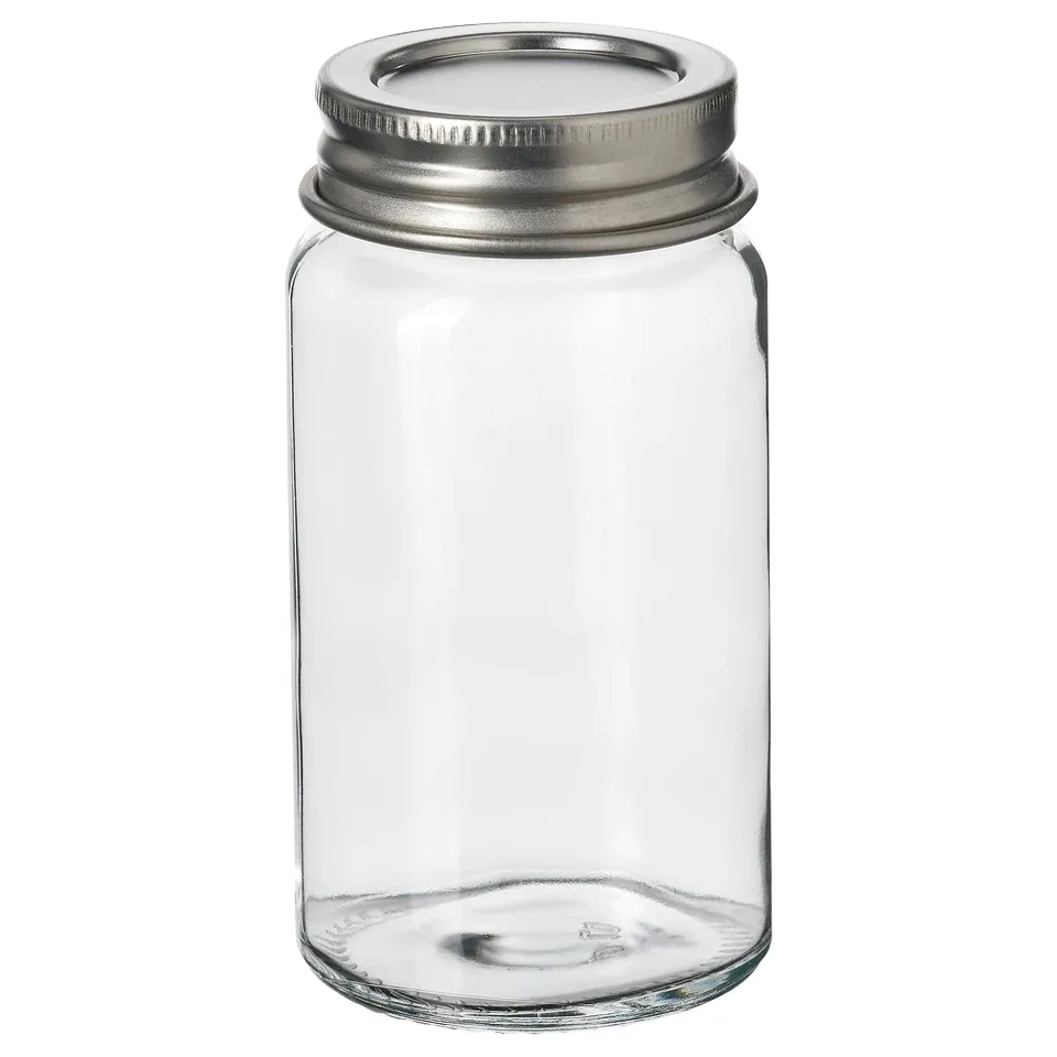 GULDFISK clear glass jar with stainless steel lid for herbs and spices.