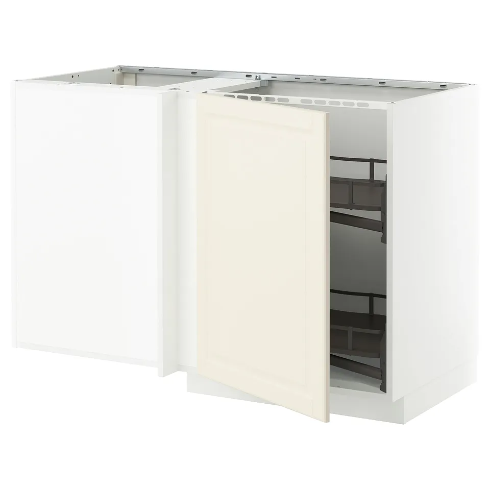 White METOD kitchen unit with open door showing shelves.