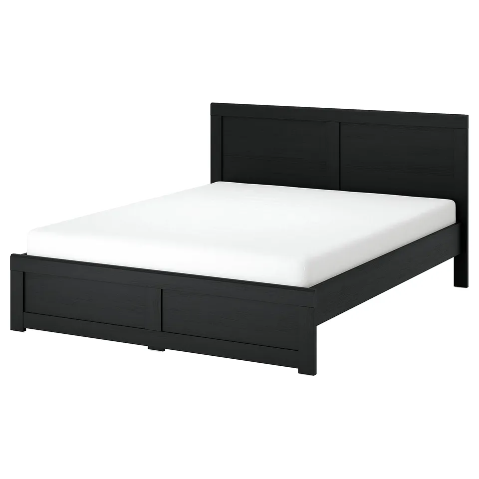 FÅGELFJÄLLET bed, black oak effect. Minimalist design, rectangular shape, white mattress.