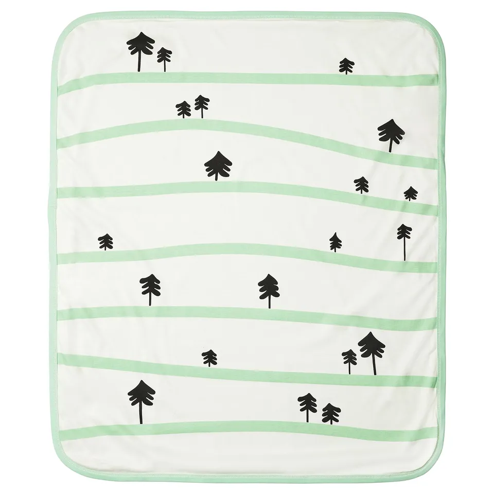 Gröfnink baby blanket: white, green stripes, black tree designs, soft cotton.