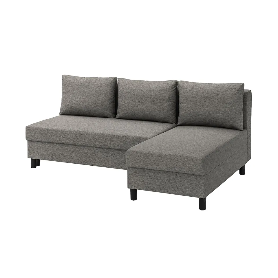 Grey ÄLVDALEN sectional sofa, modern design with angled chaise, dark wooden legs, plush cushions, versatile l-shape.