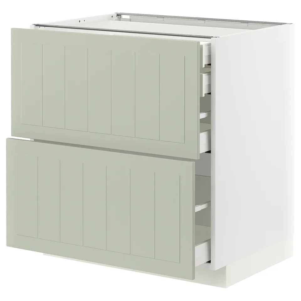 A light green METOD kitchen cabinet with three drawers in a modern design.