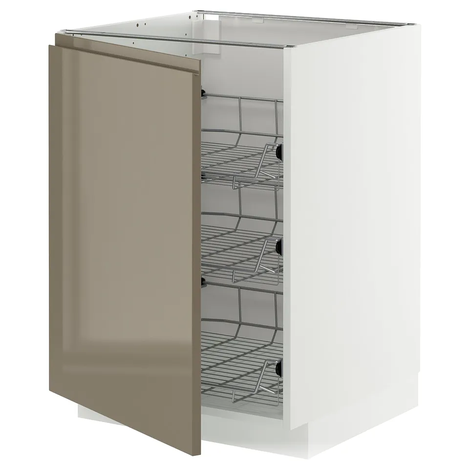 A white ikea METOD kitchen cabinet in high gloss with a dark grey-brown door, featuring wire storage baskets inside.