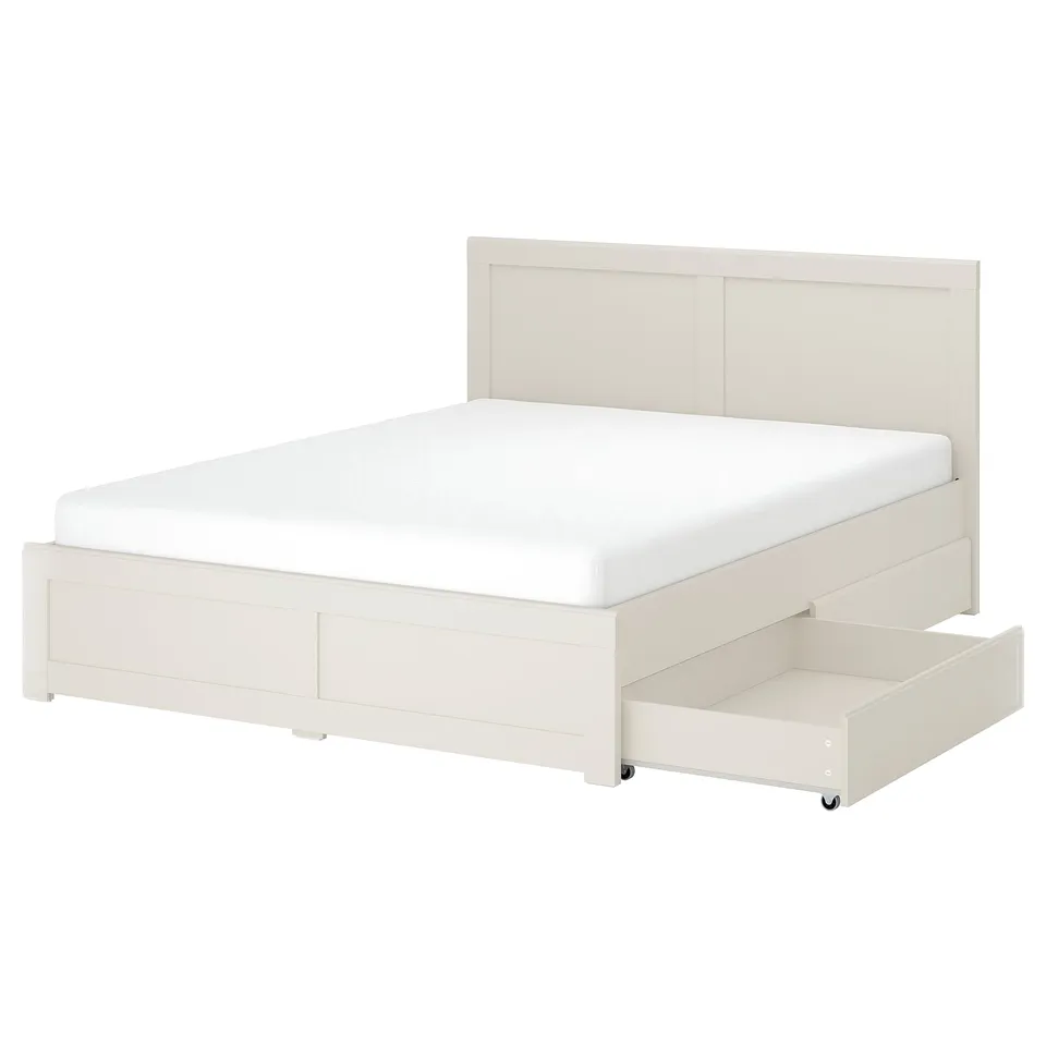 Off-white FÅGELFJÄLLET bed with storage drawers, classic, rectangular headboard.