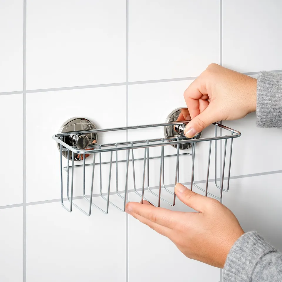 Image a person installing silver KROKFJORDEN shower caddy. Caddy has two strong suction cups, holding it on a white tiled wall.