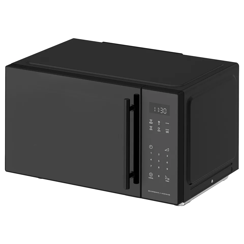 Black gatebo microwave oven with digital display and control panel, rectangular shape with rounded corners, glossy finish.
