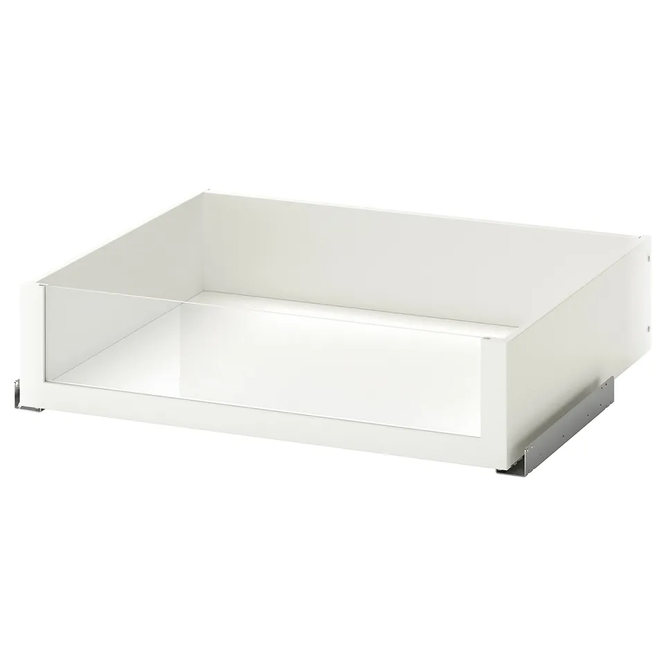 KOMPLEMENT white wardrobe drawer with glass front, square shape, minimalist design.