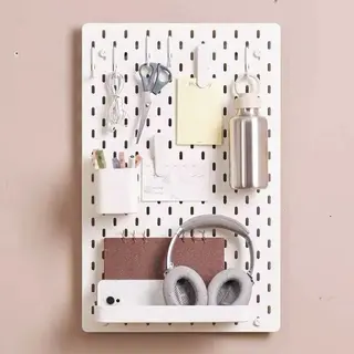 SKÅDIS set: pegboard + container + shelf + hook + clip, white, 36x56 cm