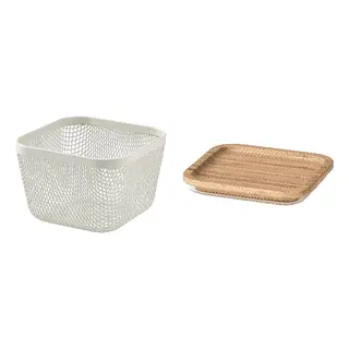 IKEA set: basket + lid, metal/white + square/bamboo, 14x14x10 cm