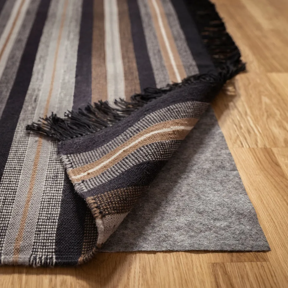 A woven wool rug with stripes lies on a wooden floor, showcasing its reversible design and flat-weave texture.