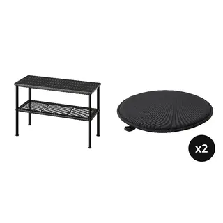 NIPÅSEN/ÄNGSFRÄKEN set: bench with shoe storage + chair pad x2, black + black/in/outdoor, 79x35x52 cm