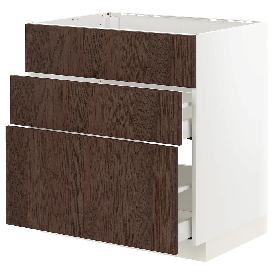 White METOD kitchen unit with 3 dark brown sinarp wood drawers.