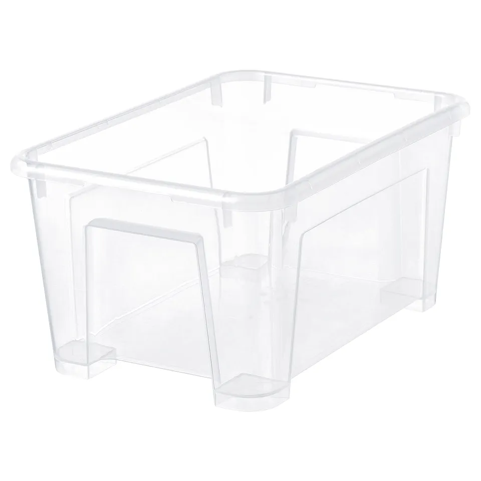 A clear plastic storage box named SAMLA, rectangular in shape, designed to organise small items.