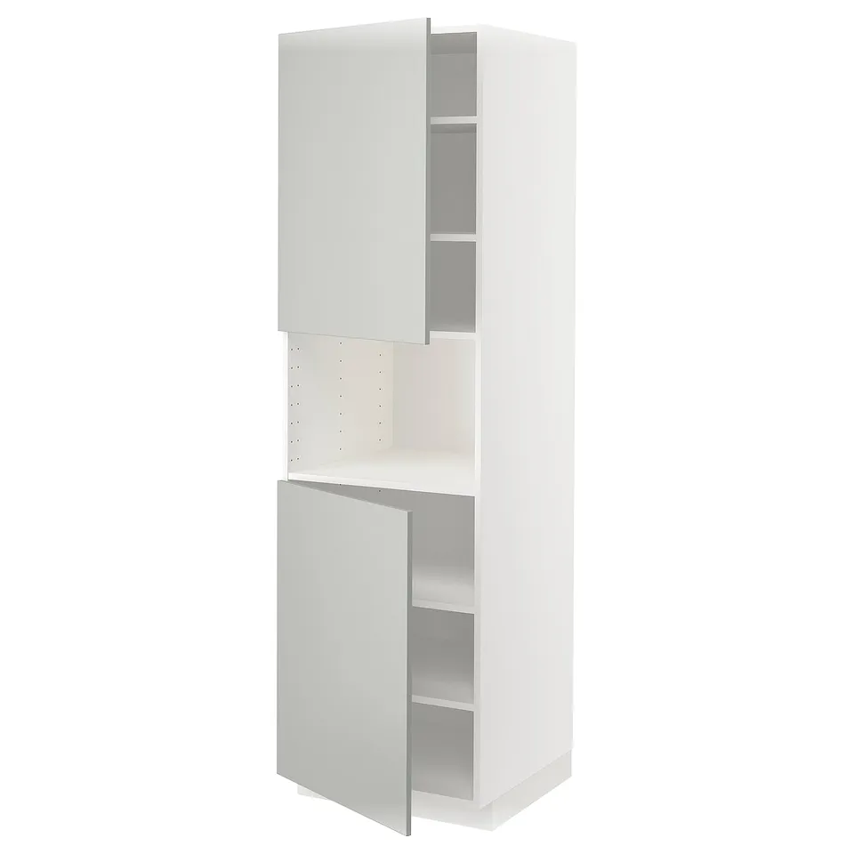 White METOD kitchen cabinet, light grey doors, rectangular, modern design.