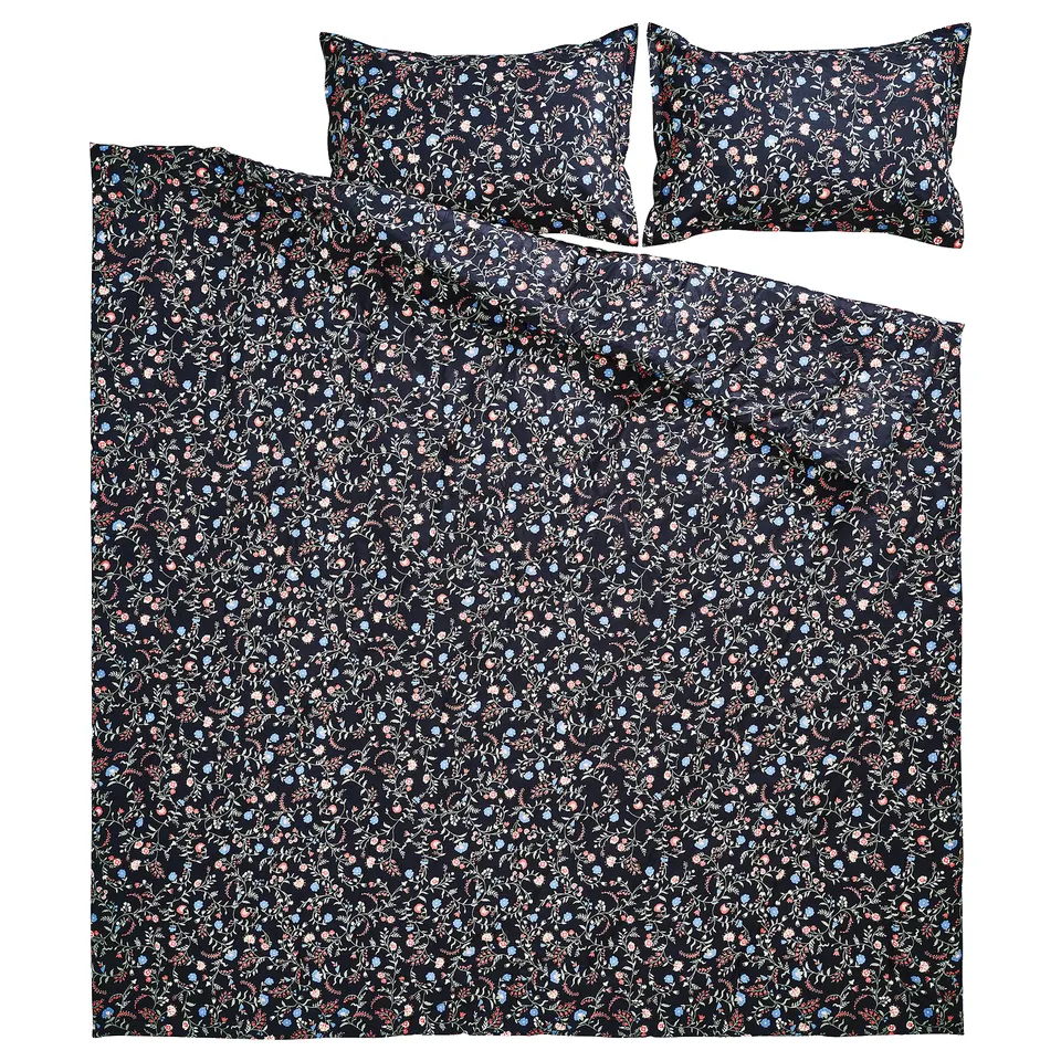 BRUDKRUSBÄR Comforter set, black/floral pattern, 240x220/50x80 cm