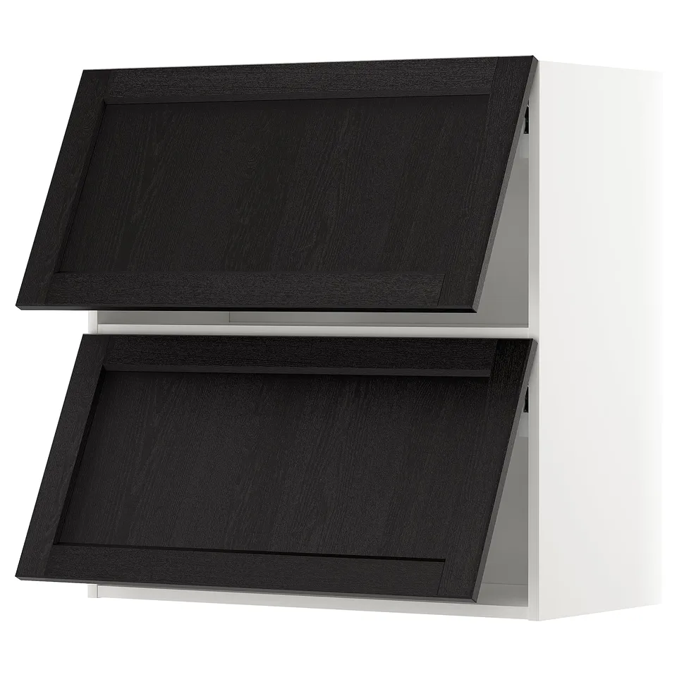 Modern black kitchen cabinet with two doors, sleek design, dark stained wood, sturdy frame, vertical placement.