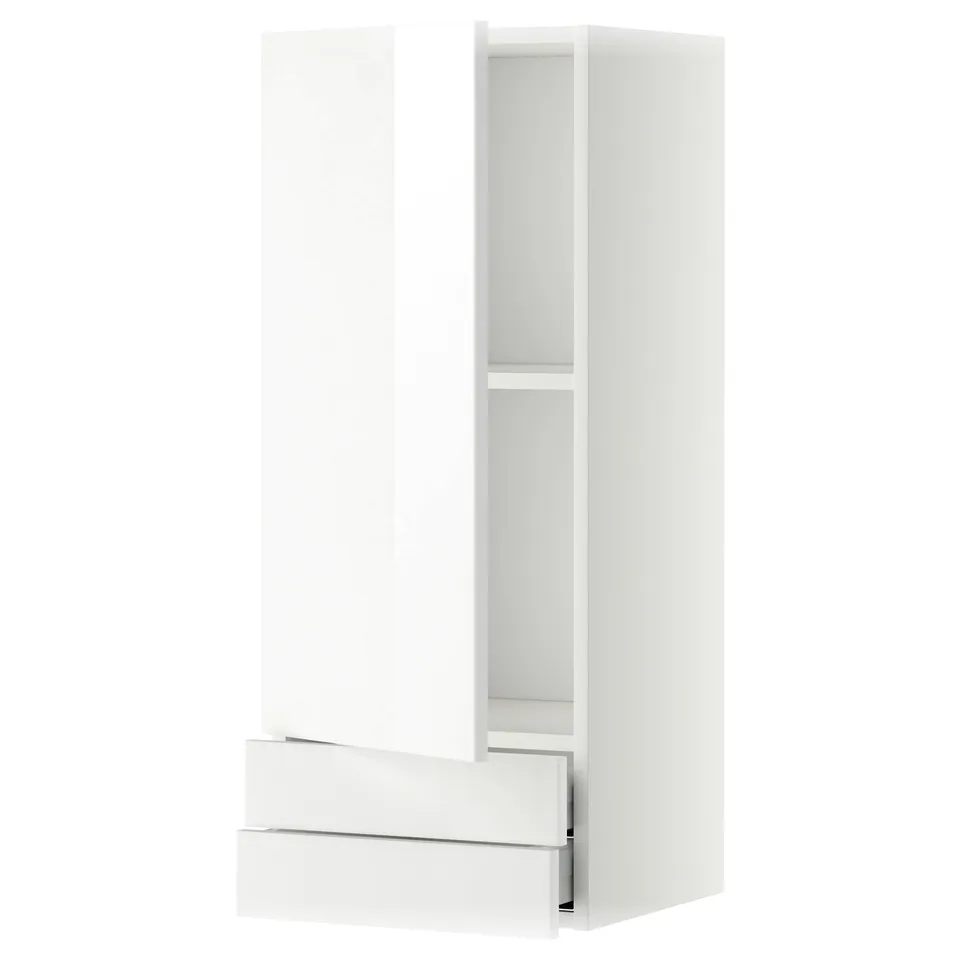 A white, modern kitchen cabinet with high gloss finish and a single drawer.