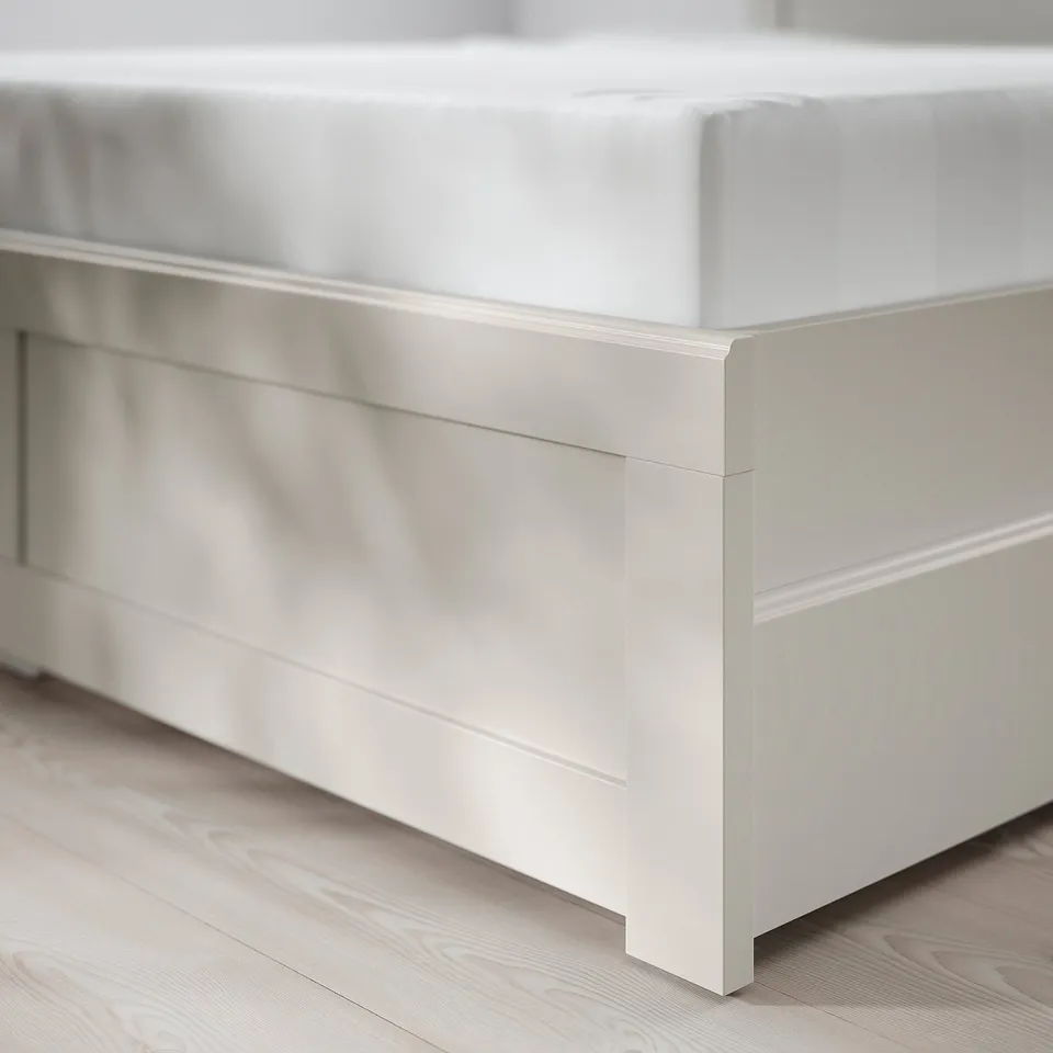 FÅGELFJÄLLET Bed frame with 4 storage boxes, off-white/Lönset, 150x200 cm