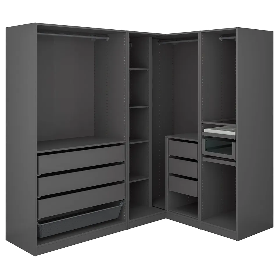 This image a dark grey PAX corner wardrobe with shelves and drawers, ideal for storing clothes and accessories.
