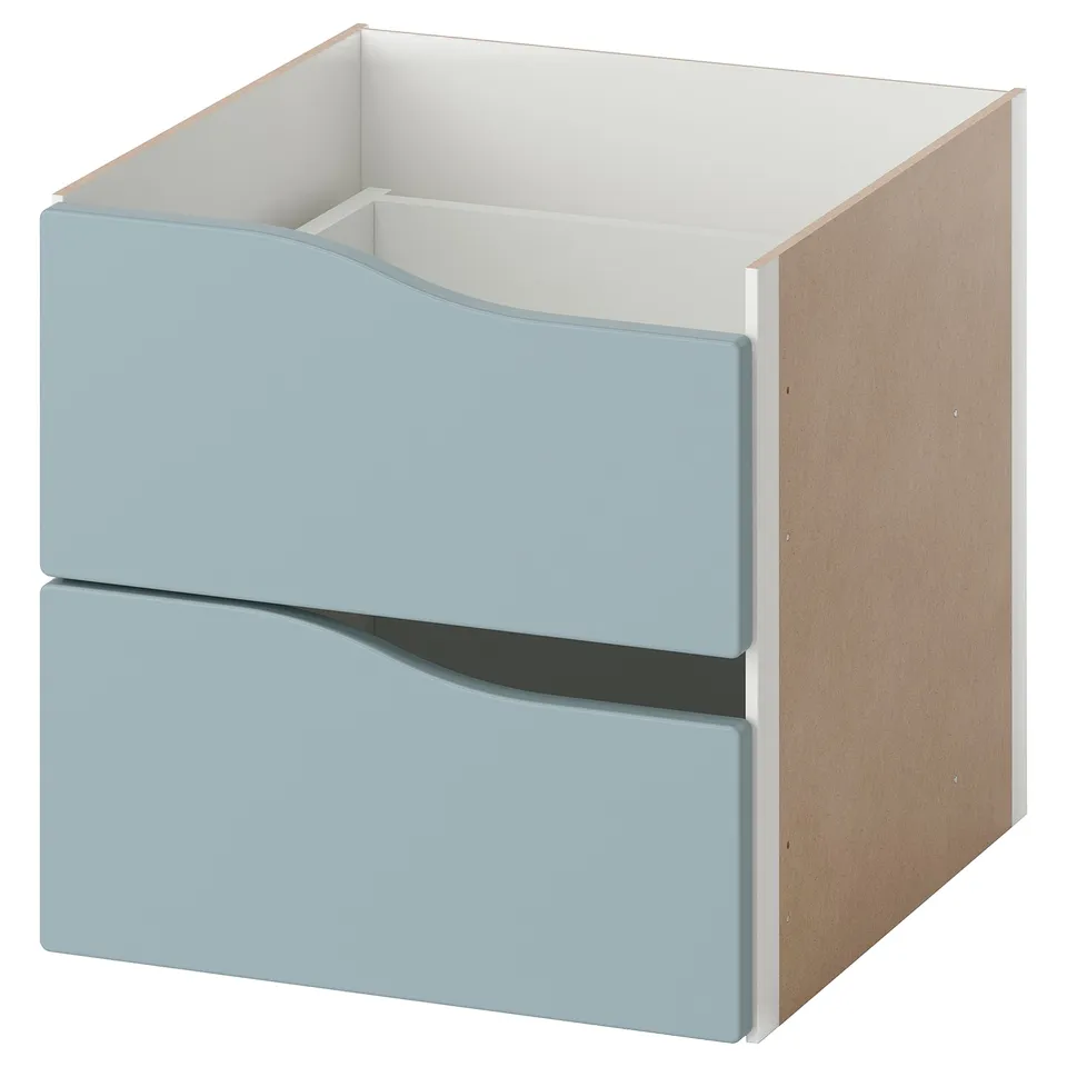 A KALLAX shelf insert with 2 blue drawers. It is rectangular with a smooth finish and curved drawer fronts.
